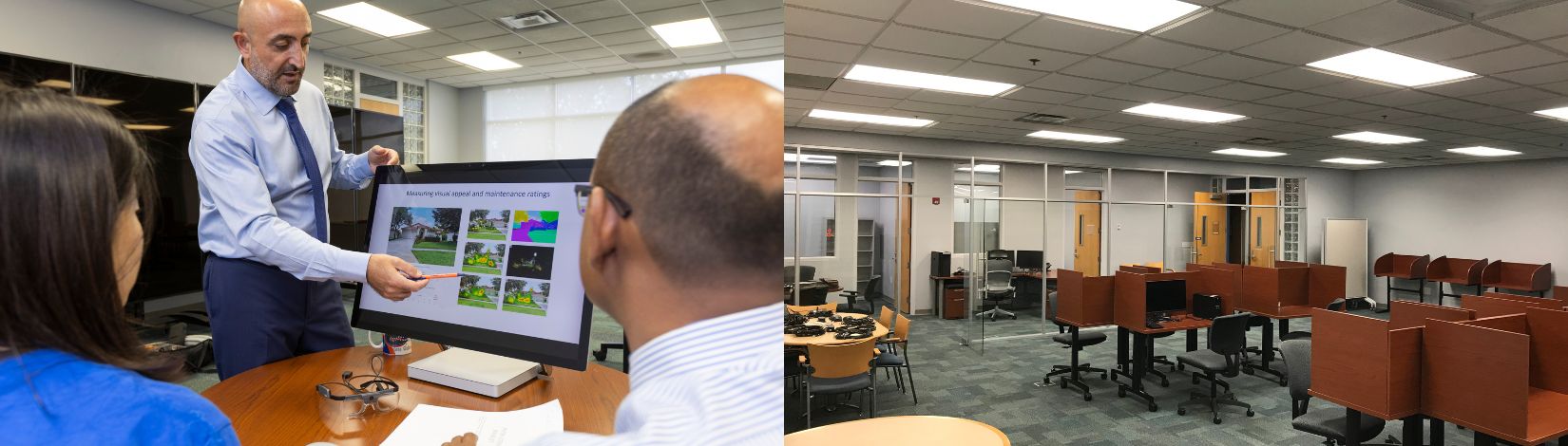 On the left, Hayk Khachatryan explaining measuring visual appeal and maintenance ratings, and on the right, inside the Consumer Behavior Lab.